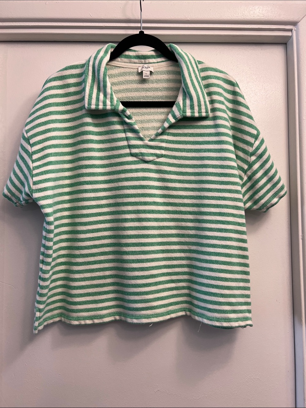 J. Crew Factory Green and White Striped Terry Polo Sweatshirt Size Large